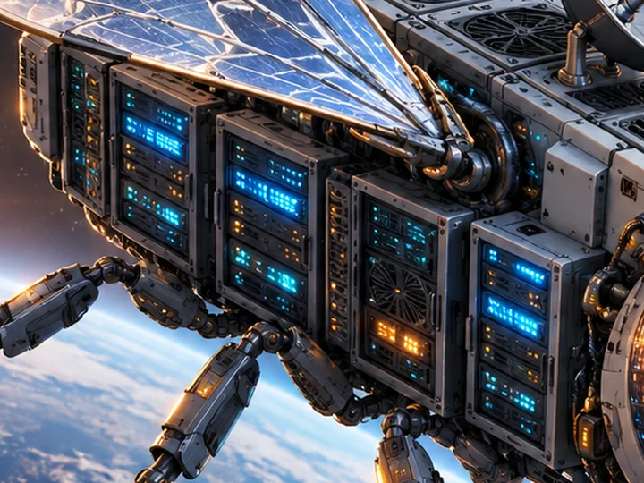 his body from the side, a row of server racks blinking blue where a stomach would be